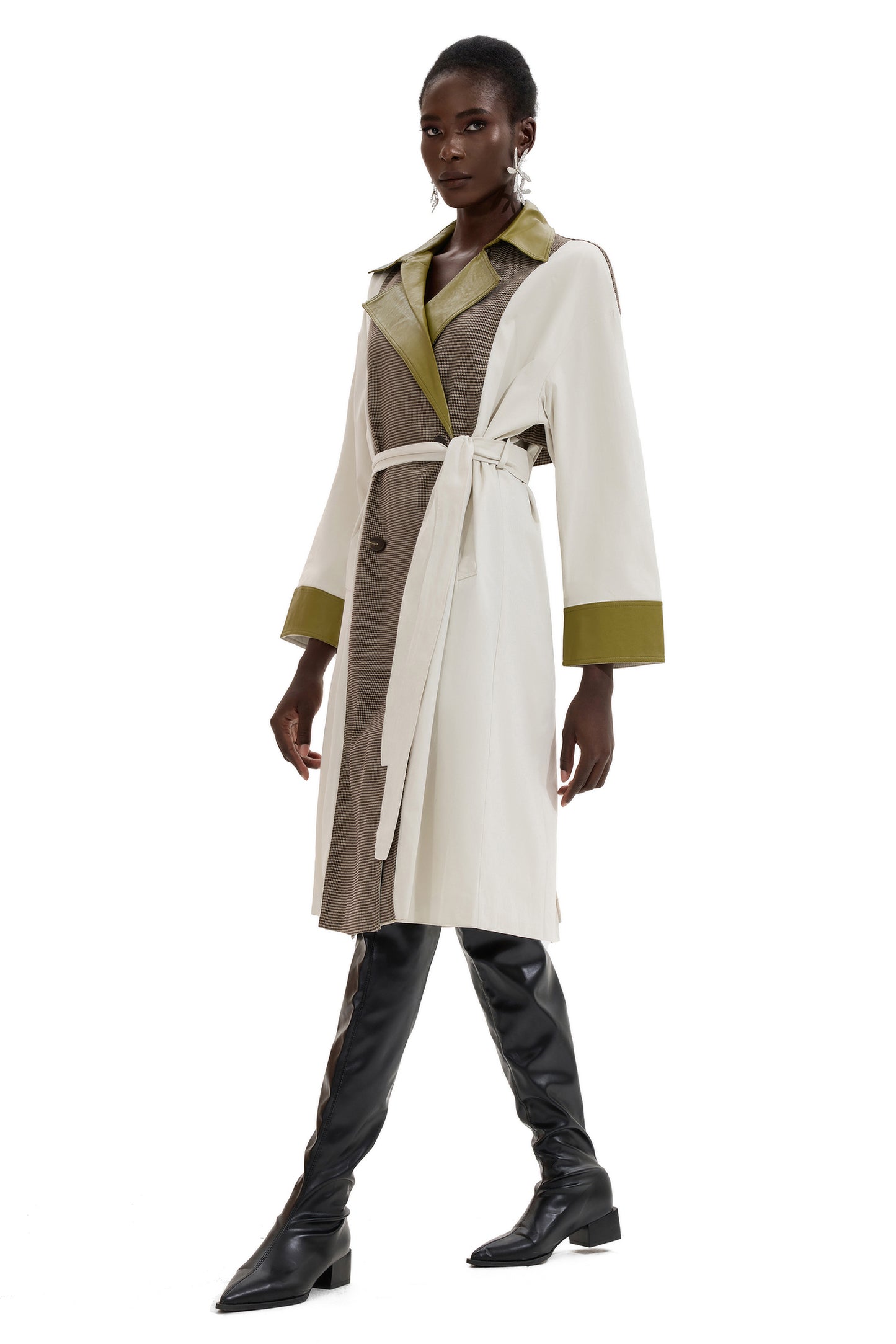 PU Splicing Houndstooth Long Sleeve Coat With Belt