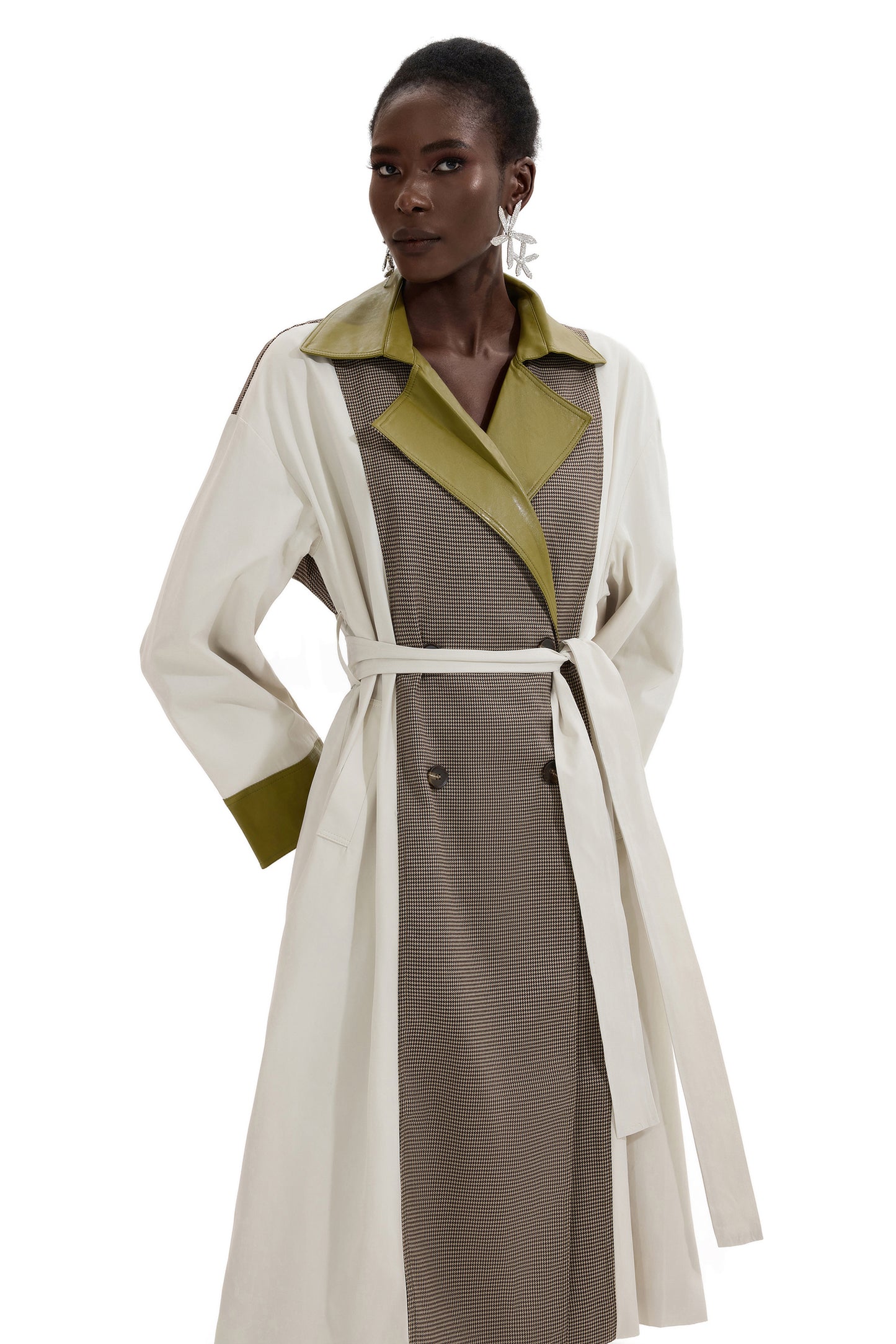 PU Splicing Houndstooth Long Sleeve Coat With Belt