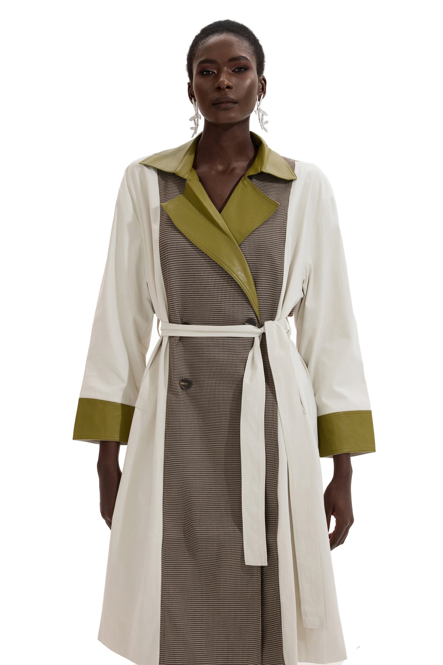 PU Splicing Houndstooth Long Sleeve Coat With Belt