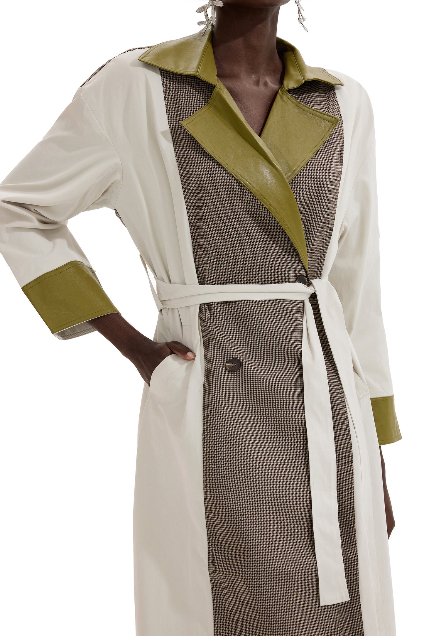 PU Splicing Houndstooth Long Sleeve Coat With Belt