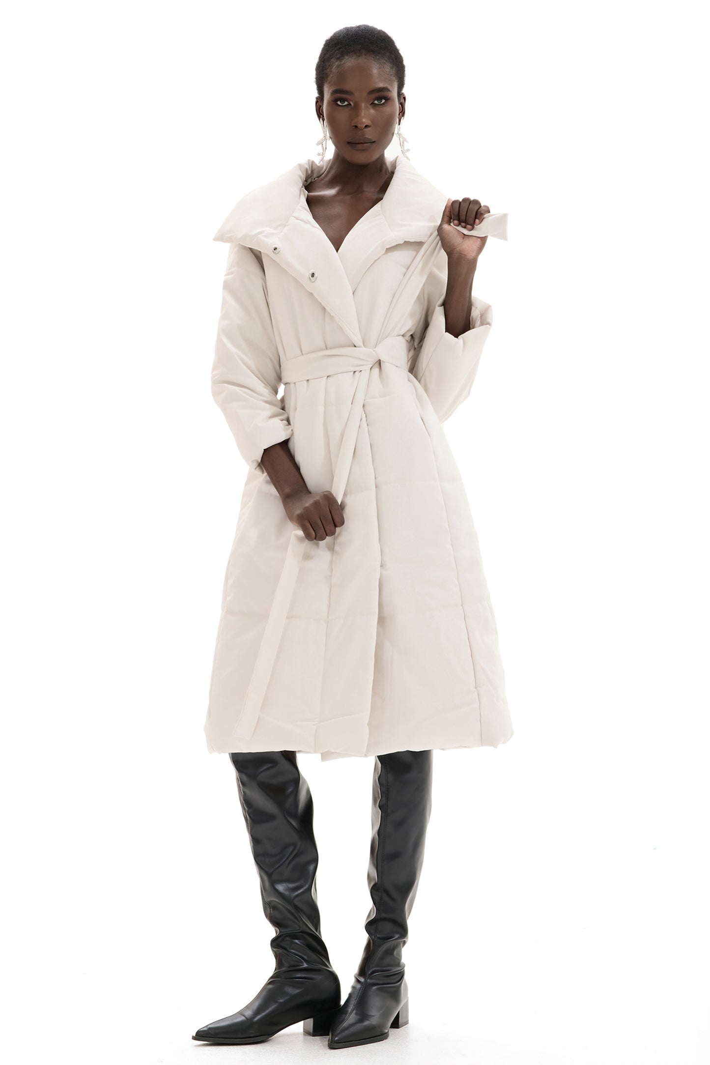 Stand Collar Long Sleeve Solid Quilted Coat