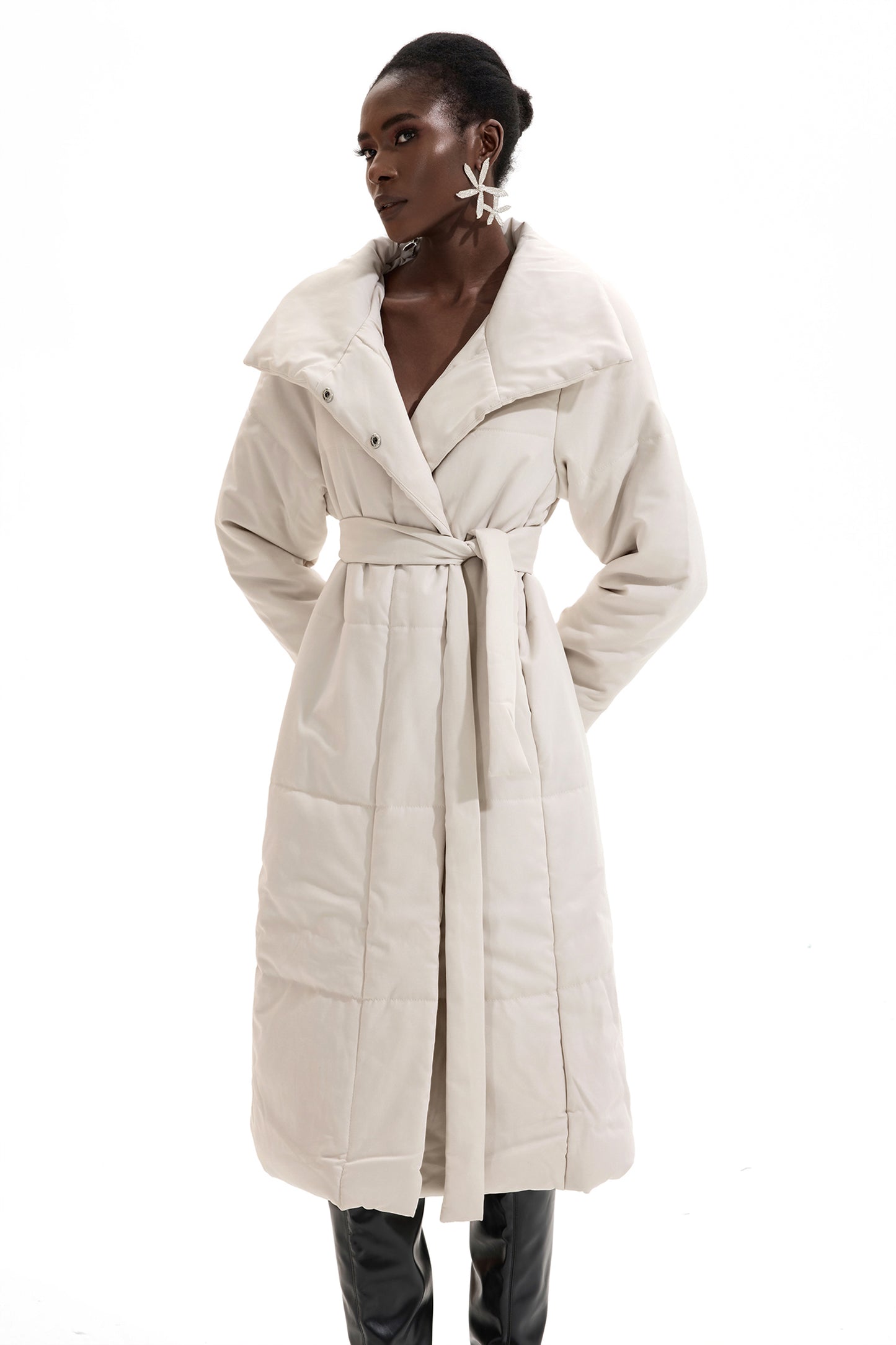 Stand Collar Long Sleeve Solid Quilted Coat