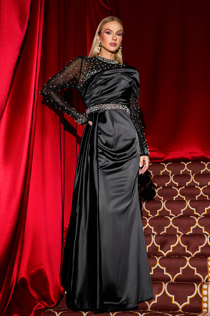 Rhinestone Faux Pearl Satin Maxi Dress