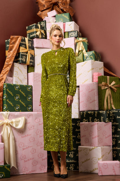 Sequin Velvet Long Sleeve Midi Dress