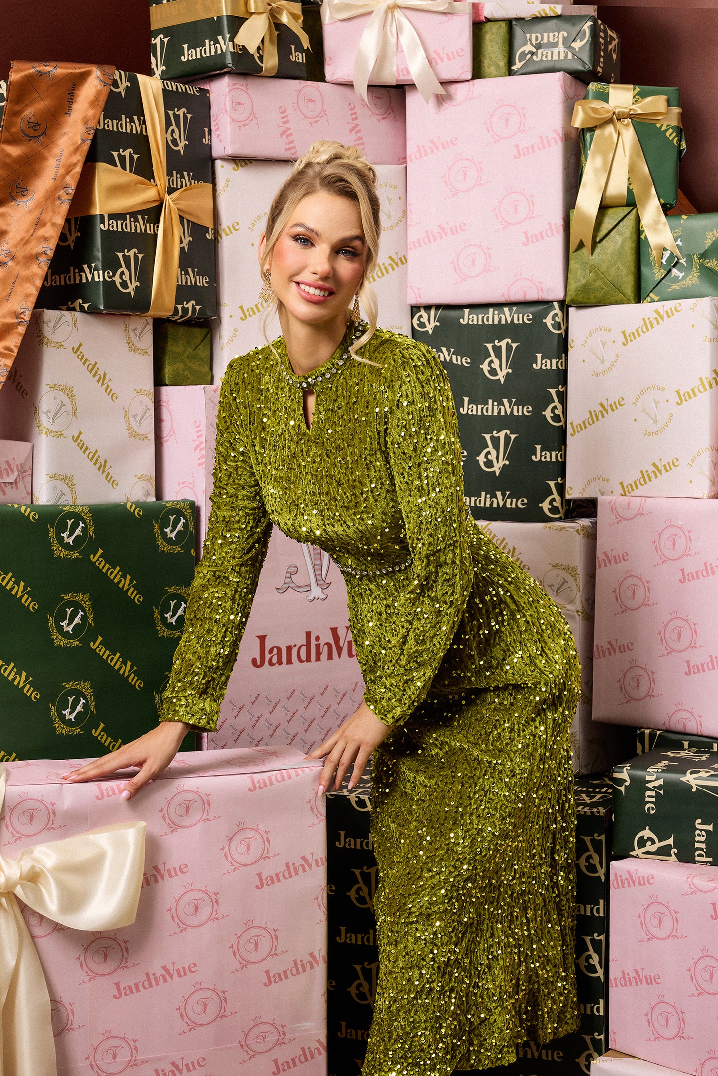 Sequin Velvet Long Sleeve Midi Dress