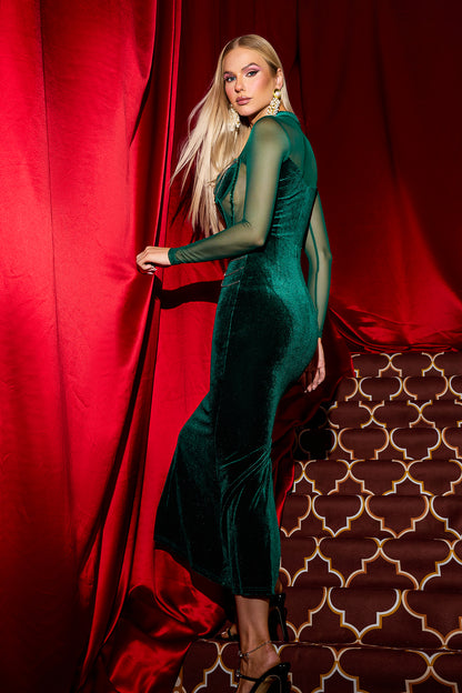 Velvet Mesh Rhinestone Midi Dress