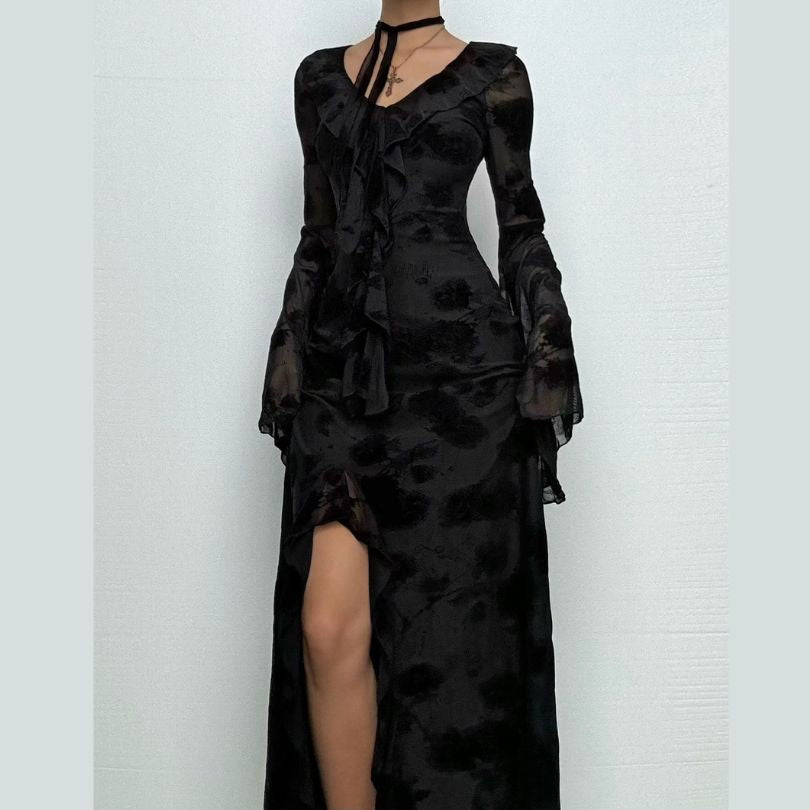 Long flared sleeve v neck slit ruffle midi dress
