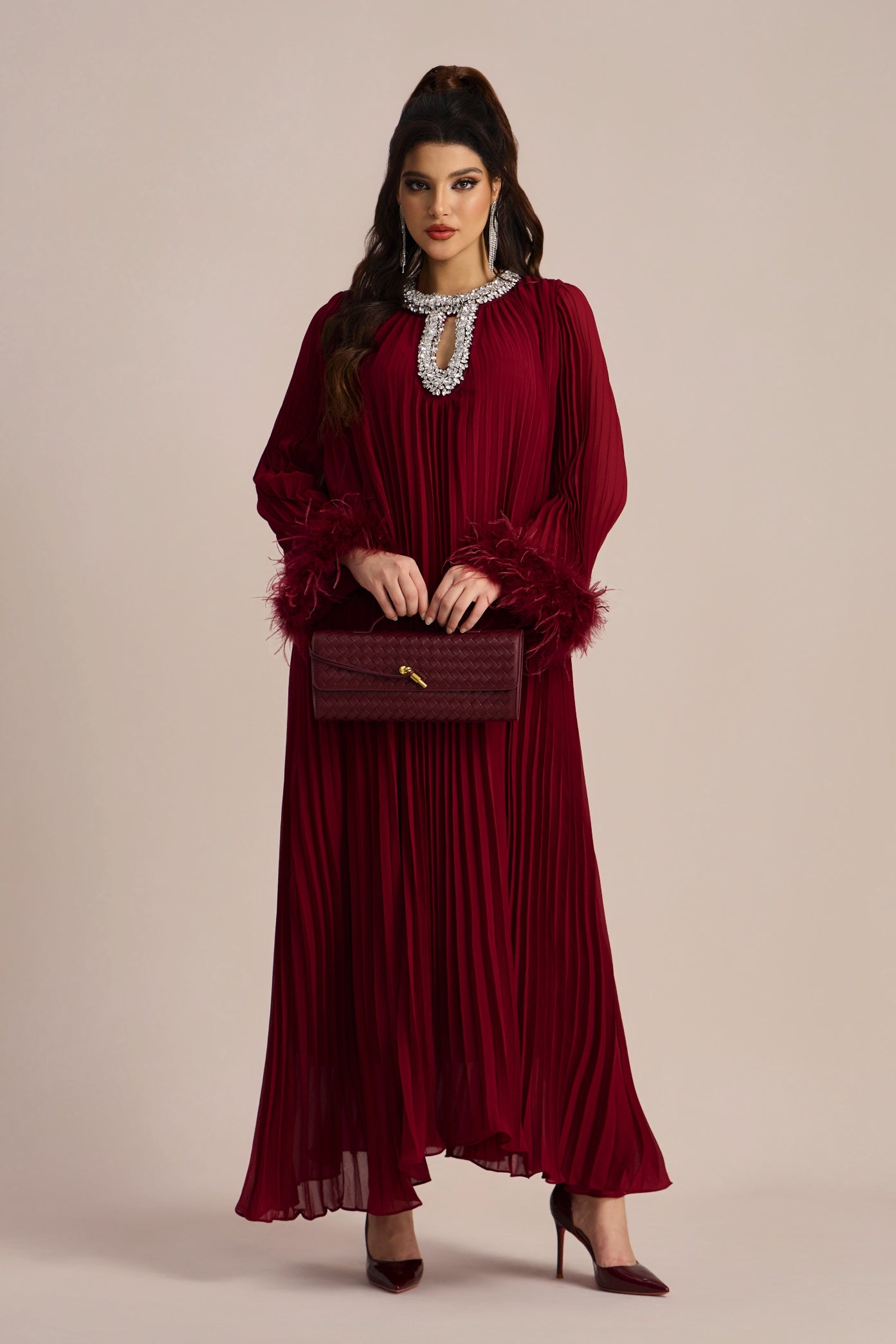 Yvonne Diamante Feathered Pleated Maxi Chiffon Dress