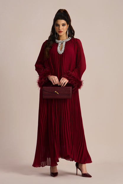 Yvonne Diamante Feathered Pleated Maxi Chiffon Dress