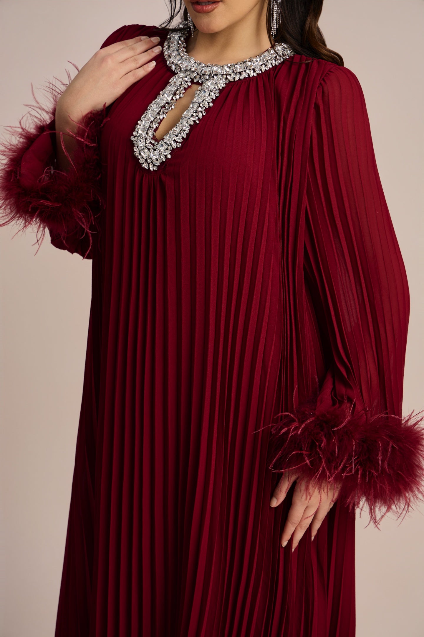 Yvonne Diamante Feathered Pleated Maxi Chiffon Dress