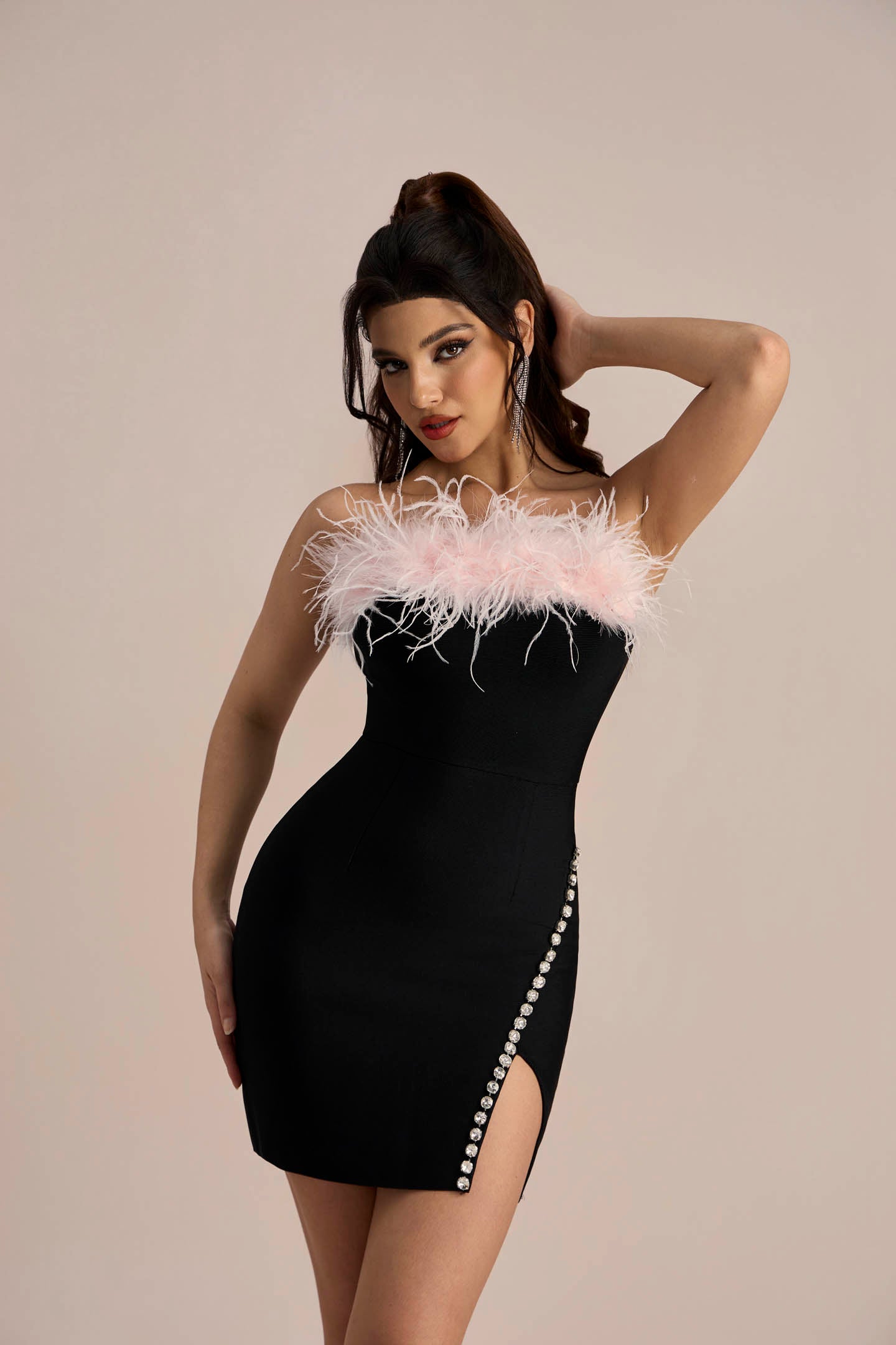 Cynthia Feather Trimmed Crystal Mini Dress