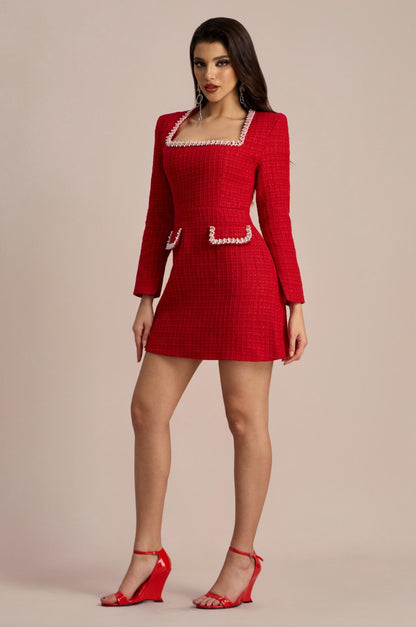 Camilla Square Neck Tweed Mini Dress