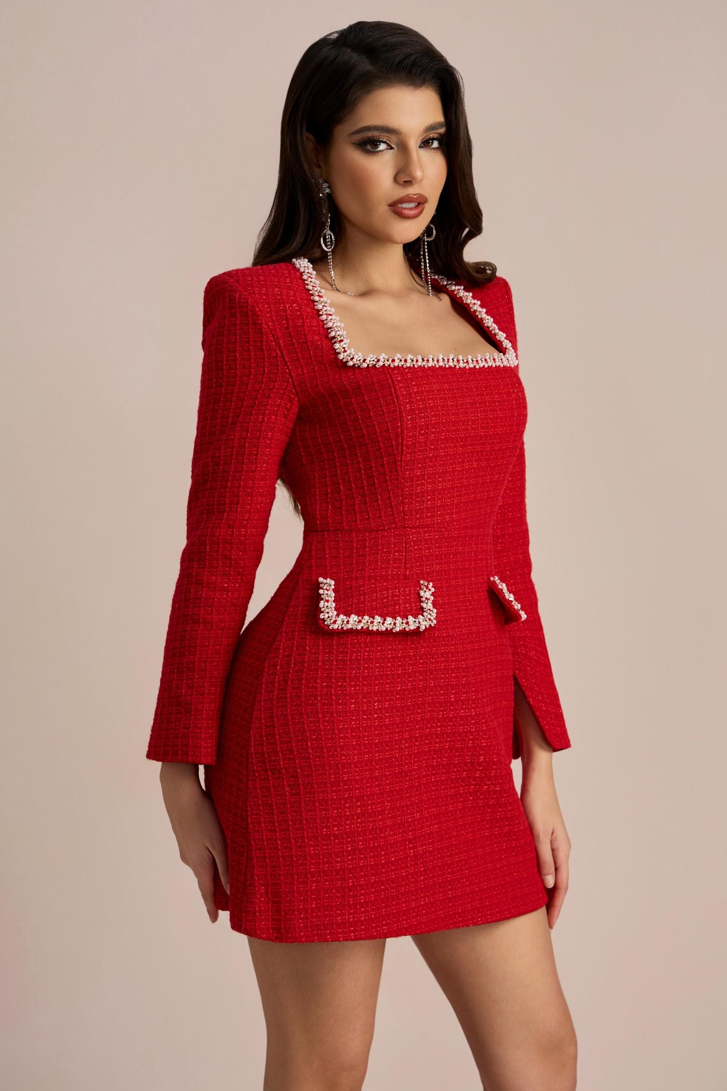Camilla Square Neck Tweed Mini Dress