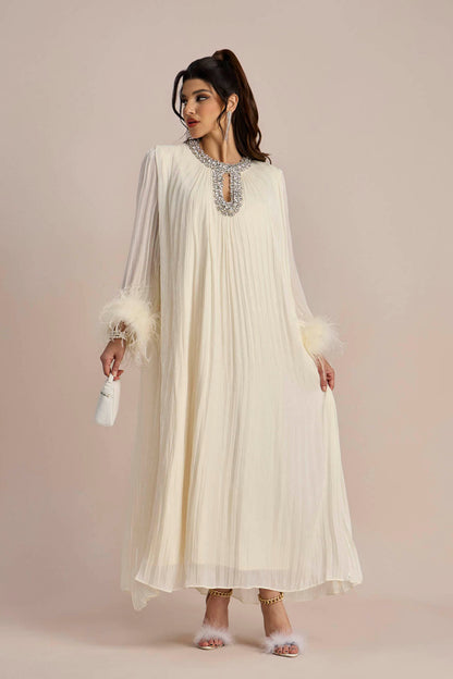Yvonne Diamante Feathered Pleated Maxi Chiffon Dress