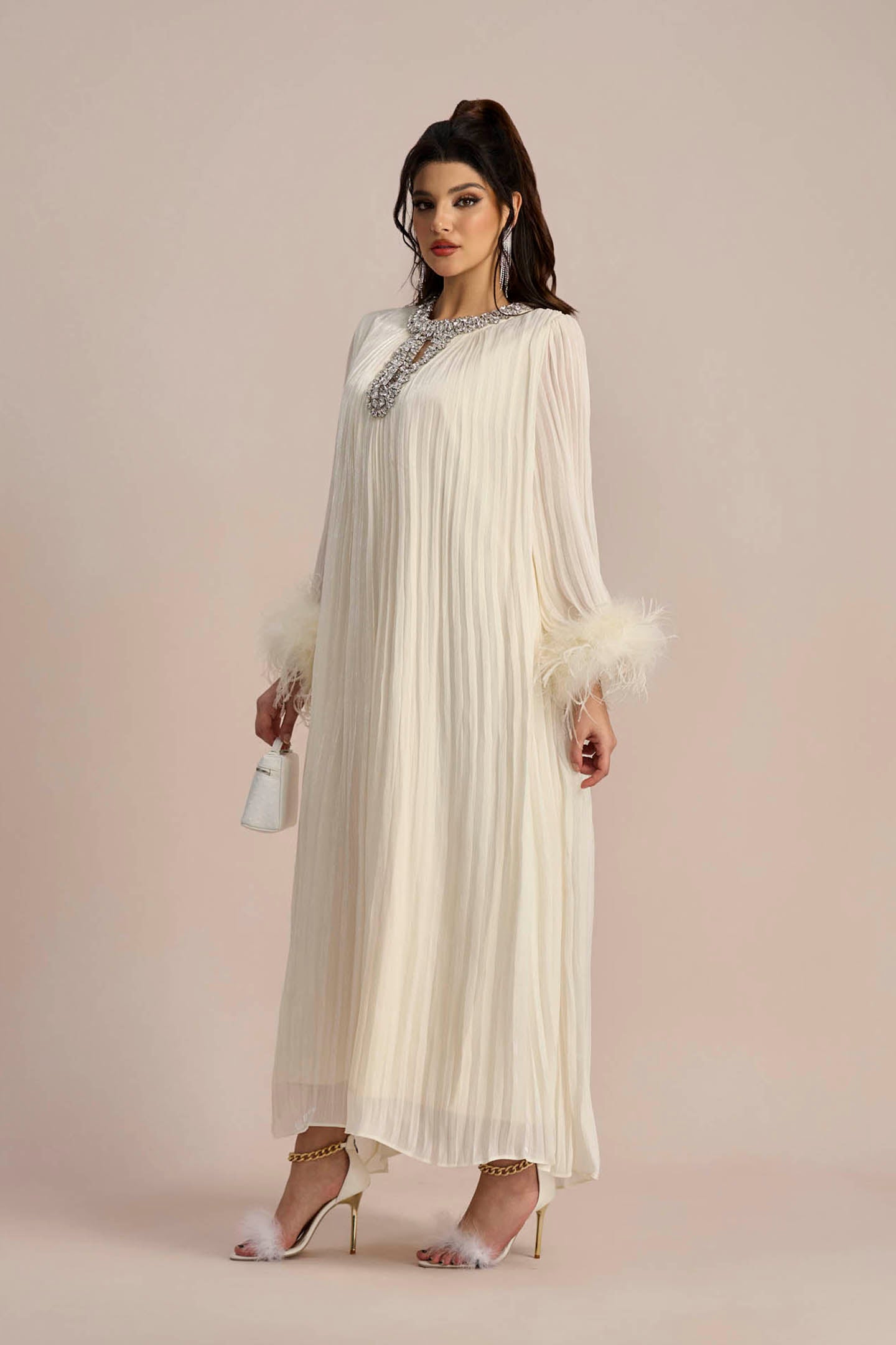 Yvonne Diamante Feathered Pleated Maxi Chiffon Dress