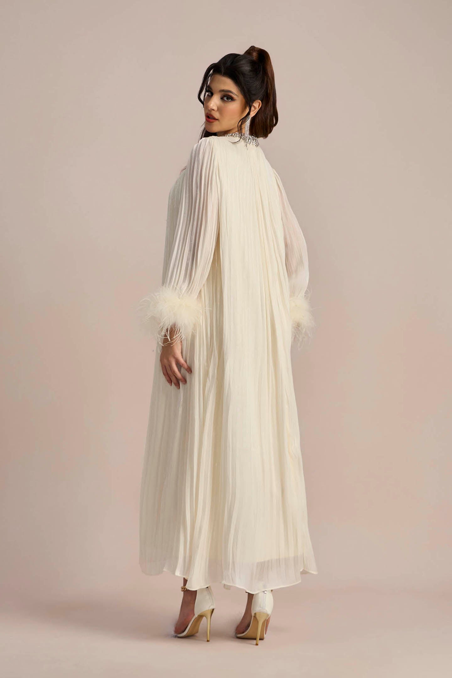 Yvonne Diamante Feathered Pleated Maxi Chiffon Dress