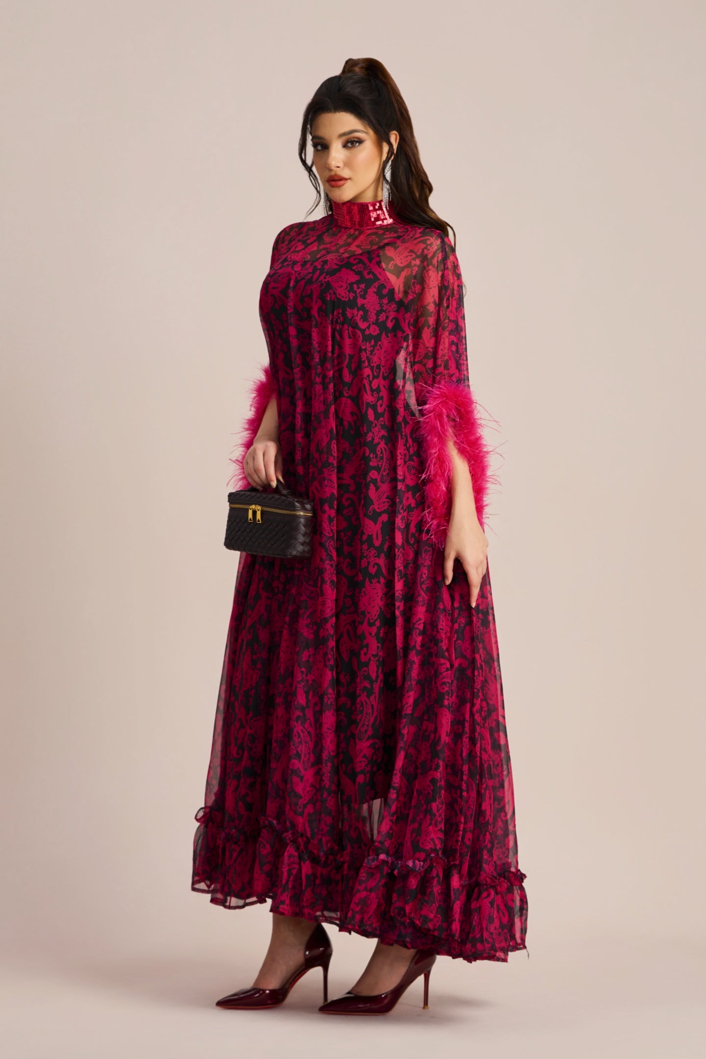 Dana Sequins Feather Printed Maxi Dress