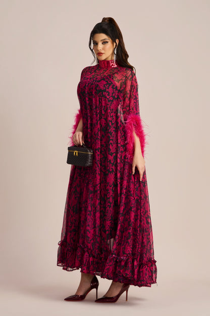 Dana Sequins Feather Printed Maxi Dress