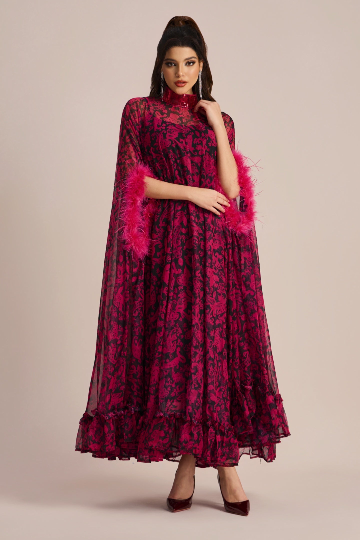 Dana Sequins Feather Printed Maxi Dress