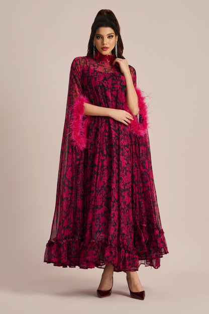 Dana Sequins Feather Printed Maxi Dress