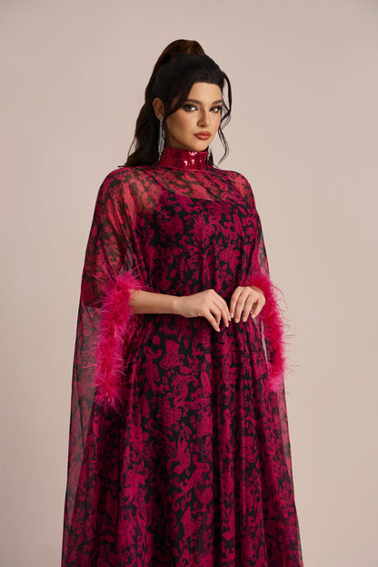 Dana Sequins Feather Printed Maxi Dress