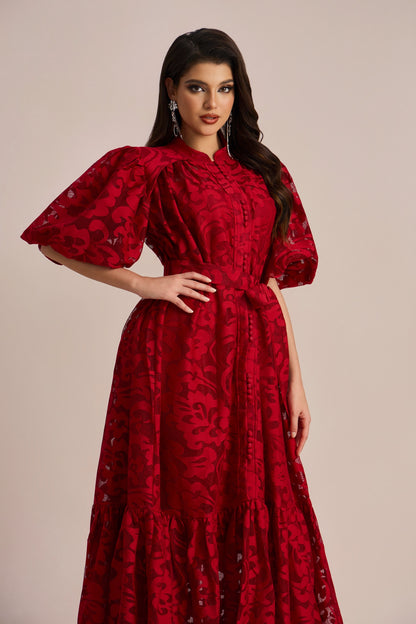 Emma Embroidered Lace Belted Midi Dress