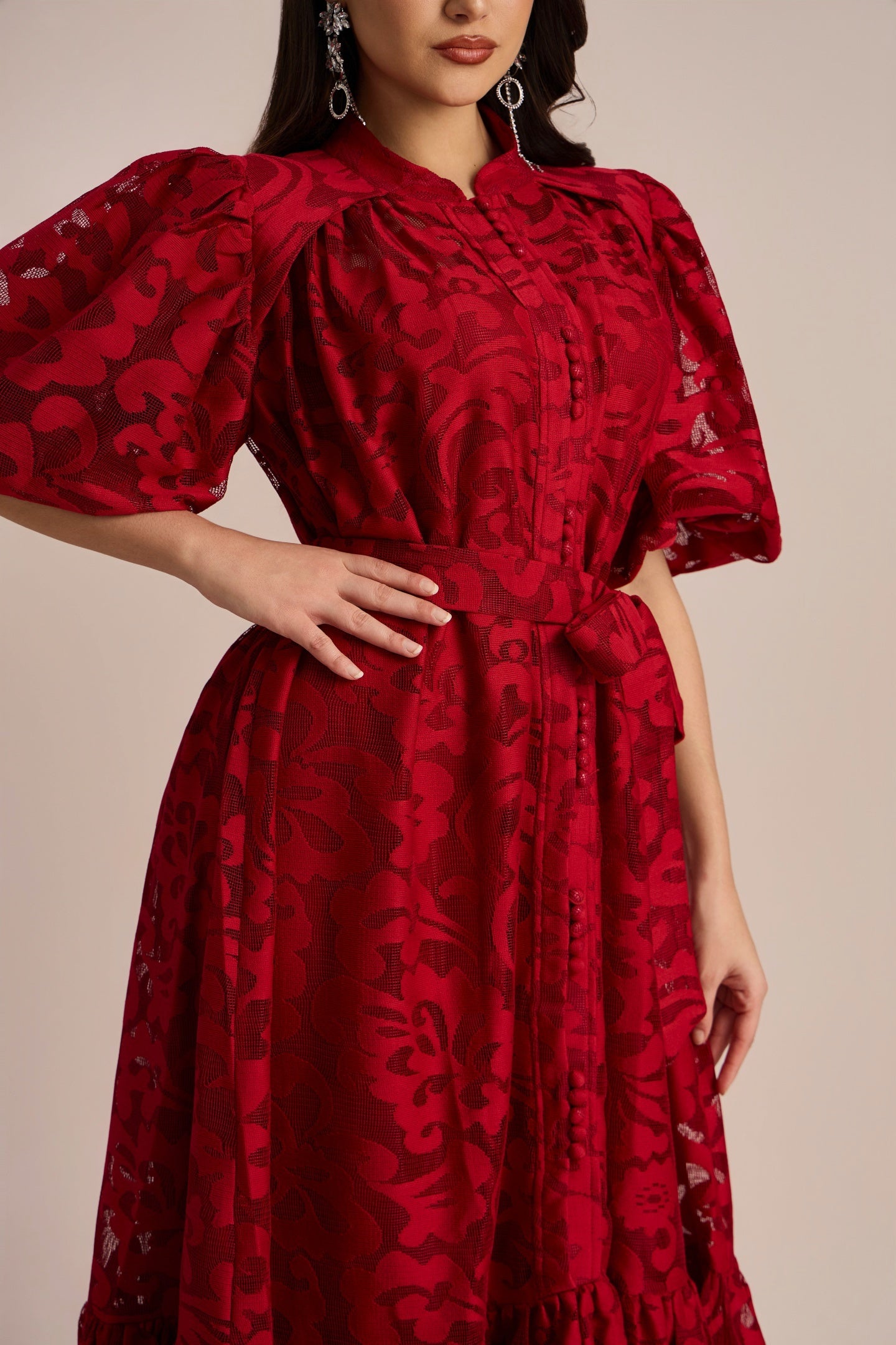 Emma Embroidered Lace Belted Midi Dress