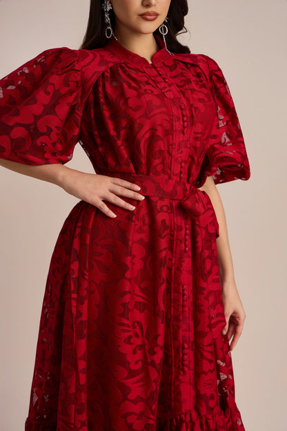 Emma Embroidered Lace Belted Midi Dress