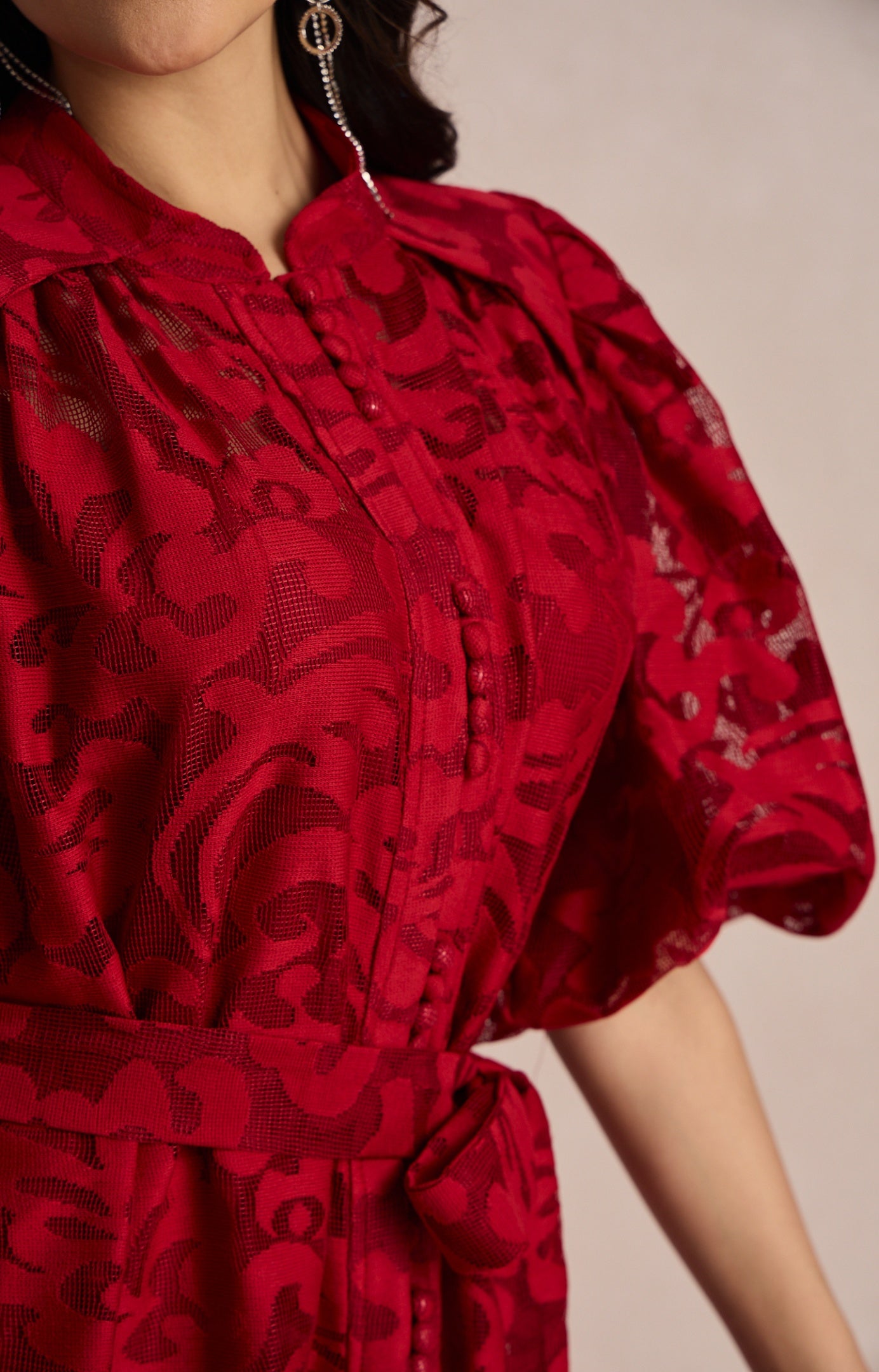 Emma Embroidered Lace Belted Midi Dress