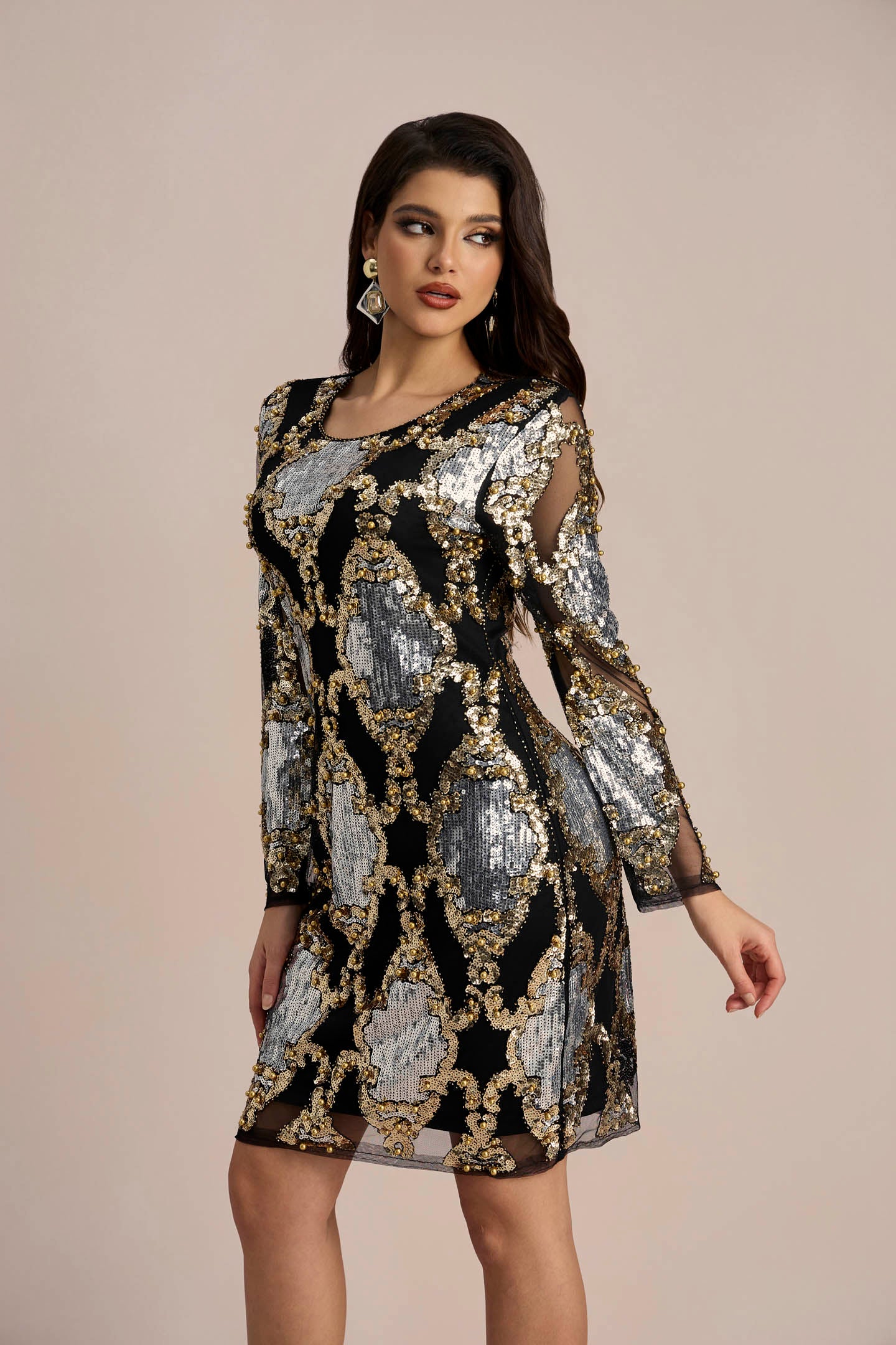 Vivien Sequins Embroidery Sheer Mini Dress