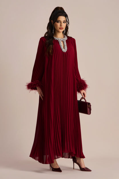 Yvonne Diamante Feathered Pleated Maxi Chiffon Dress