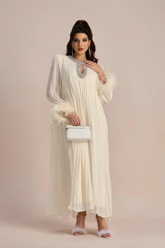 Yvonne Diamante Feathered Pleated Maxi Chiffon Dress