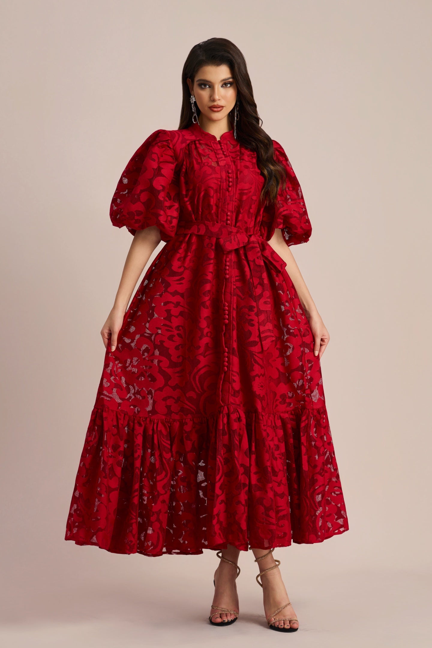 Emma Embroidered Lace Belted Midi Dress