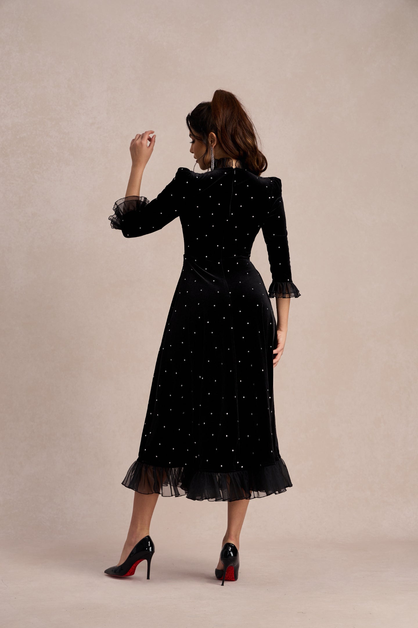 Jolie Diamante Ruffle Velvet Maxi Dress