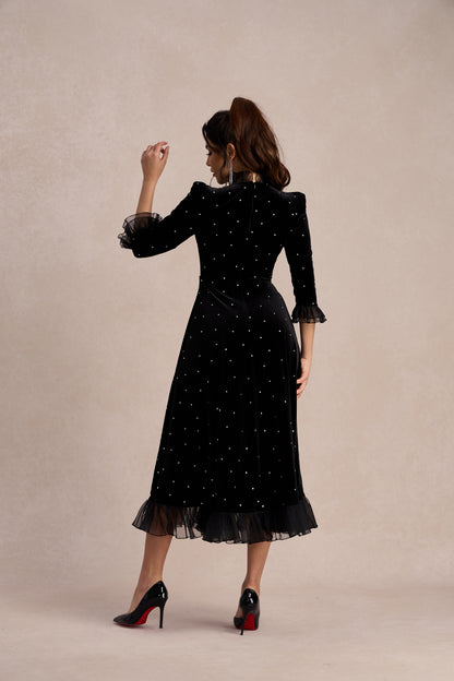 Jolie Diamante Ruffle Velvet Maxi Dress