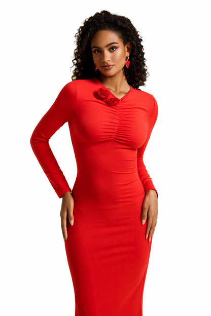 3D Floral Jersey Ruched Midi Dress