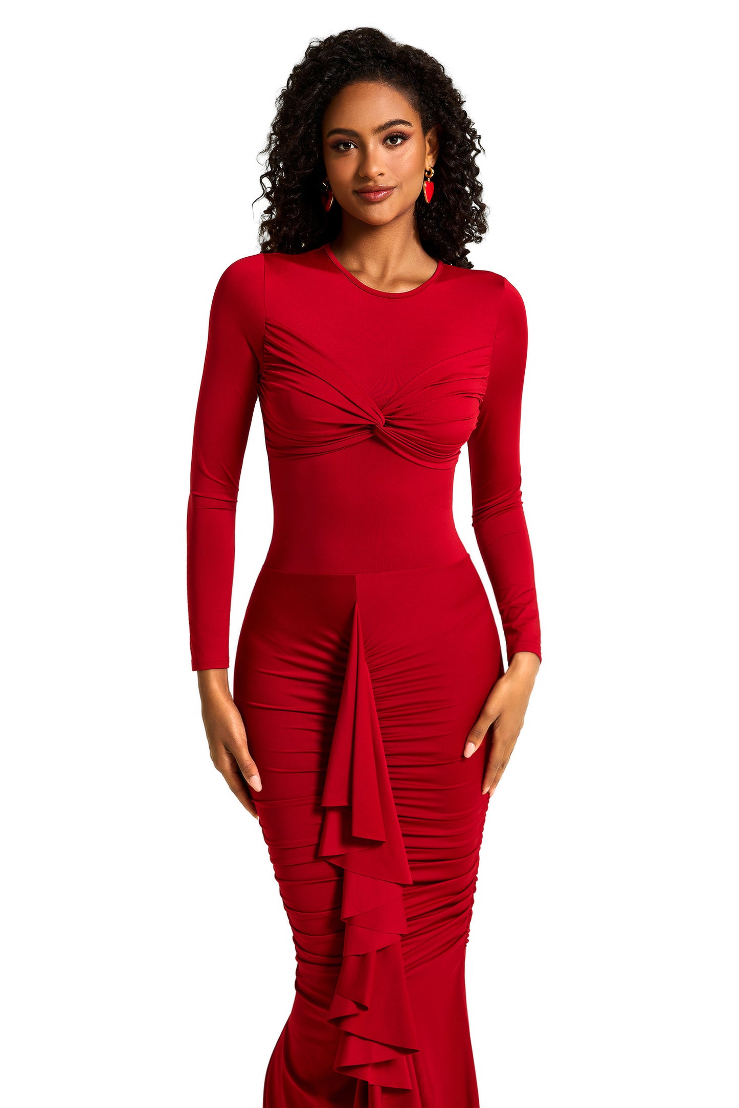 Jersey Solid Ruched Midi Dress