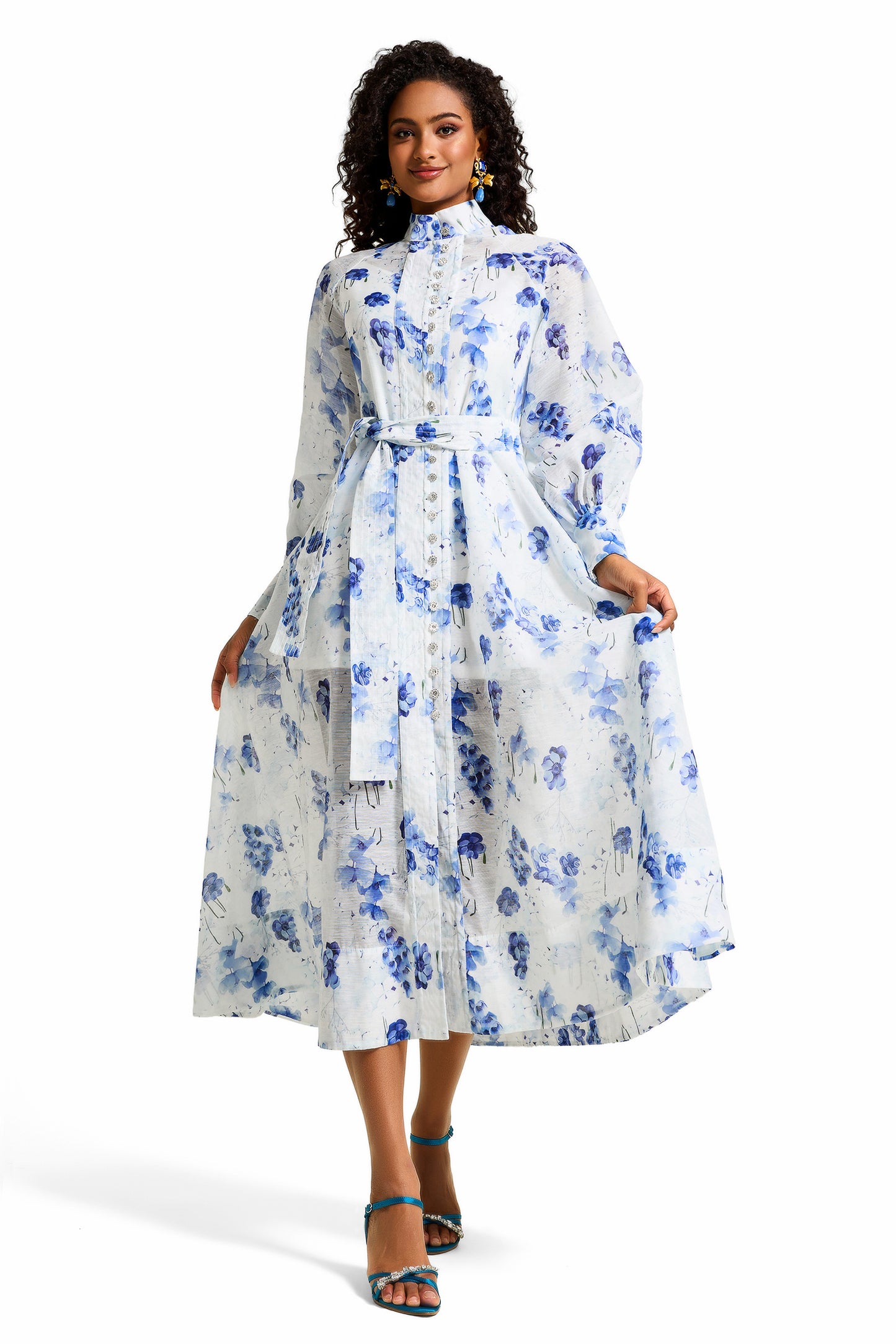 Floral Rhinestone Single Breasted Midi Dress