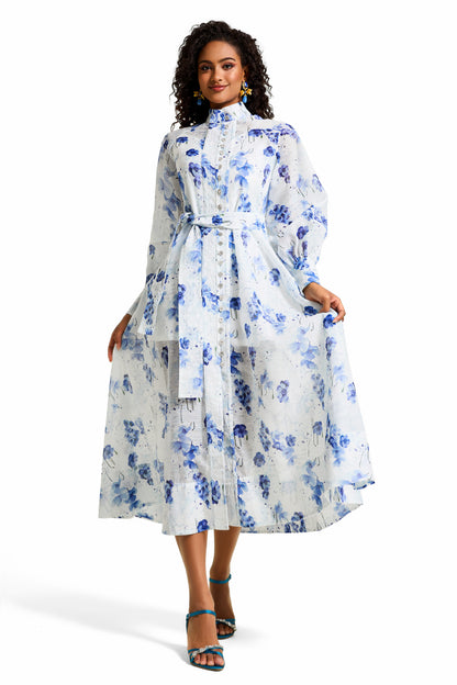 Floral Rhinestone Single Breasted Midi Dress