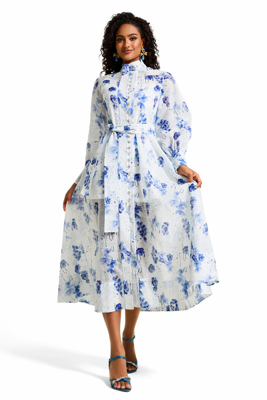 Floral Rhinestone Single Breasted Midi Dress