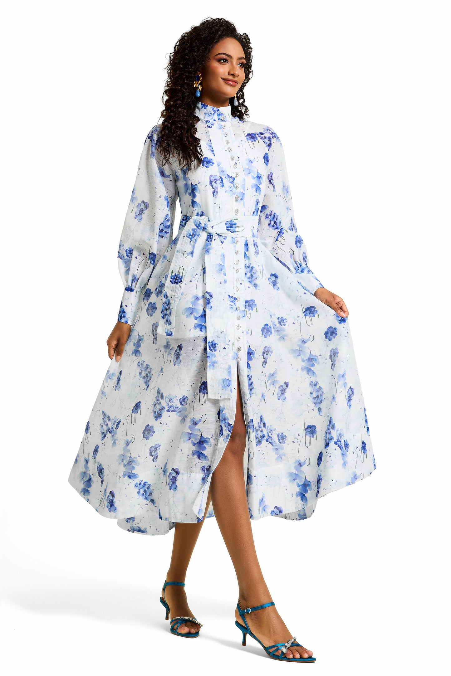 Floral Rhinestone Single Breasted Midi Dress