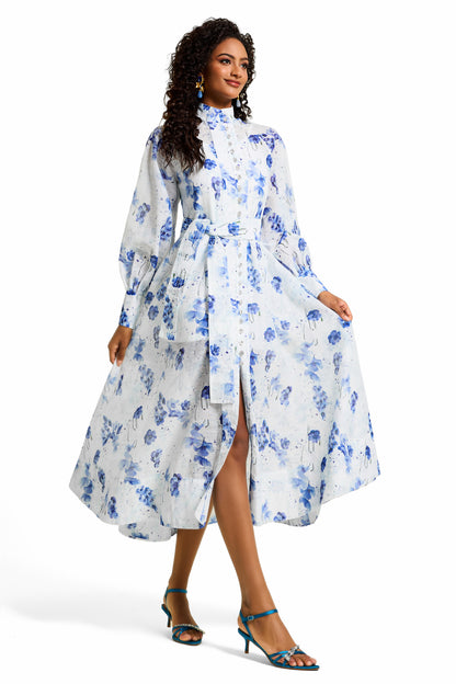 Floral Rhinestone Single Breasted Midi Dress