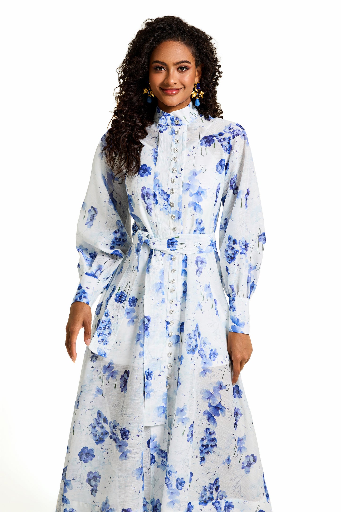 Floral Rhinestone Single Breasted Midi Dress