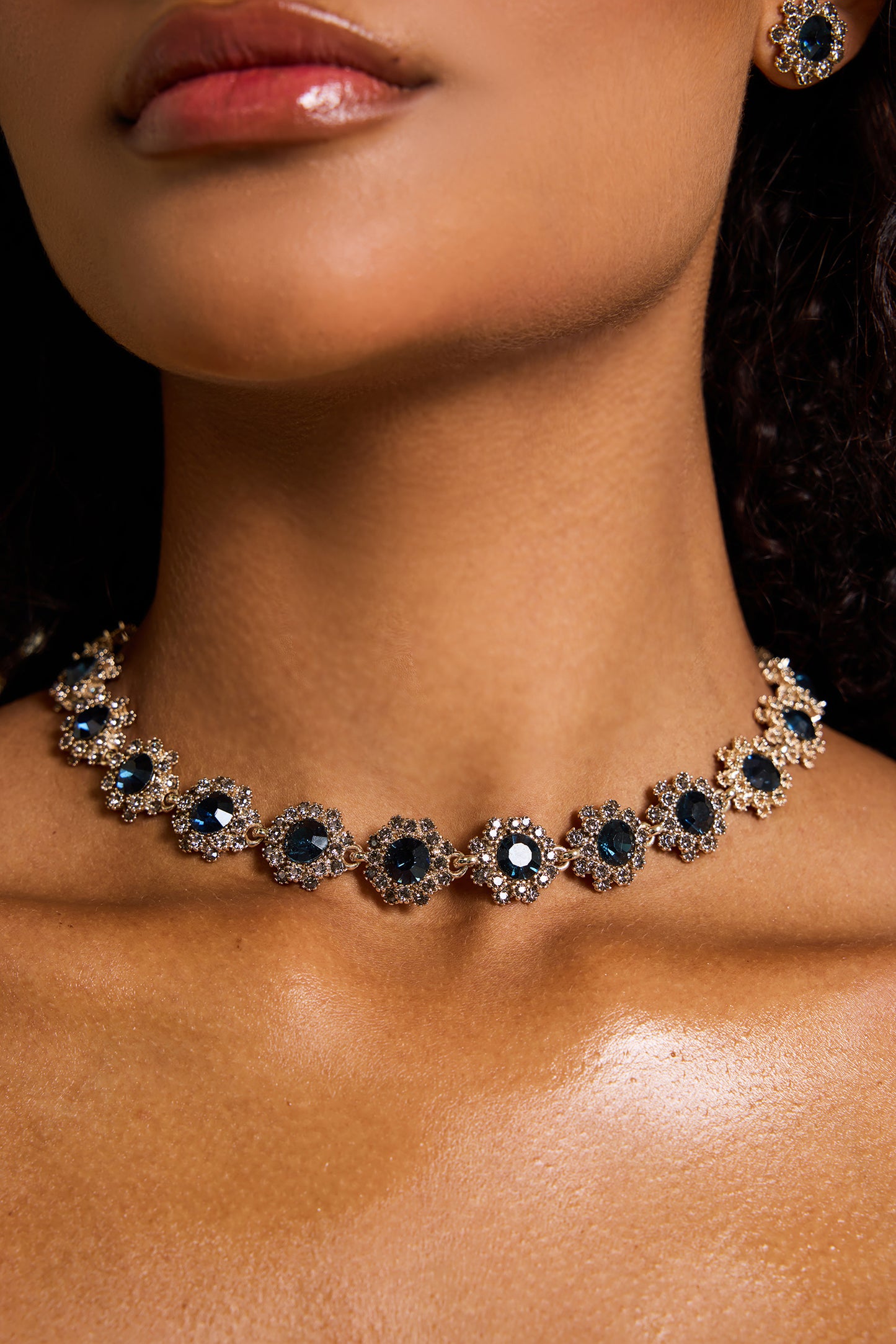 Imitation Gemstone Faux Diamond Choker & Stud Earrings Set