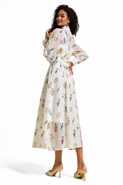 Floral Lace Lantern Sleeve Midi Dress