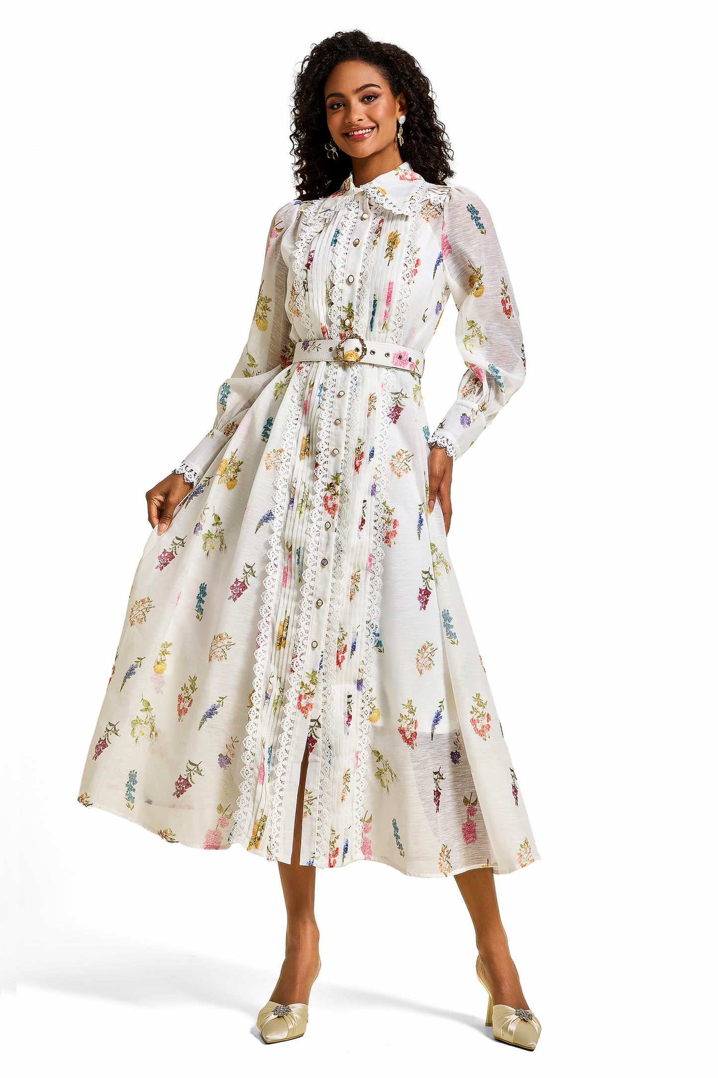 Floral Lace Lantern Sleeve Midi Dress