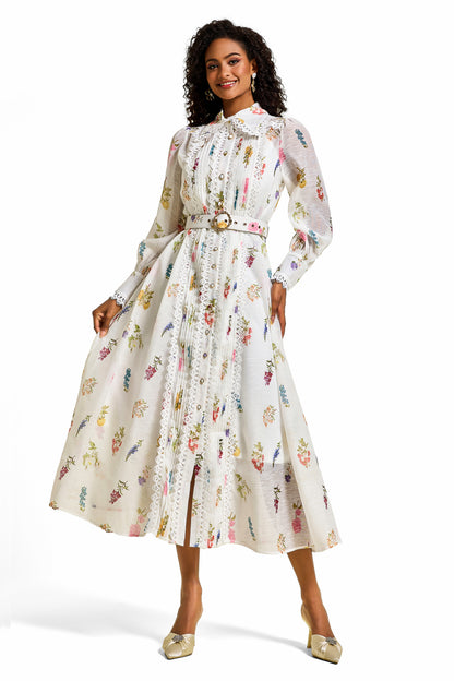 Floral Lace Lantern Sleeve Midi Dress