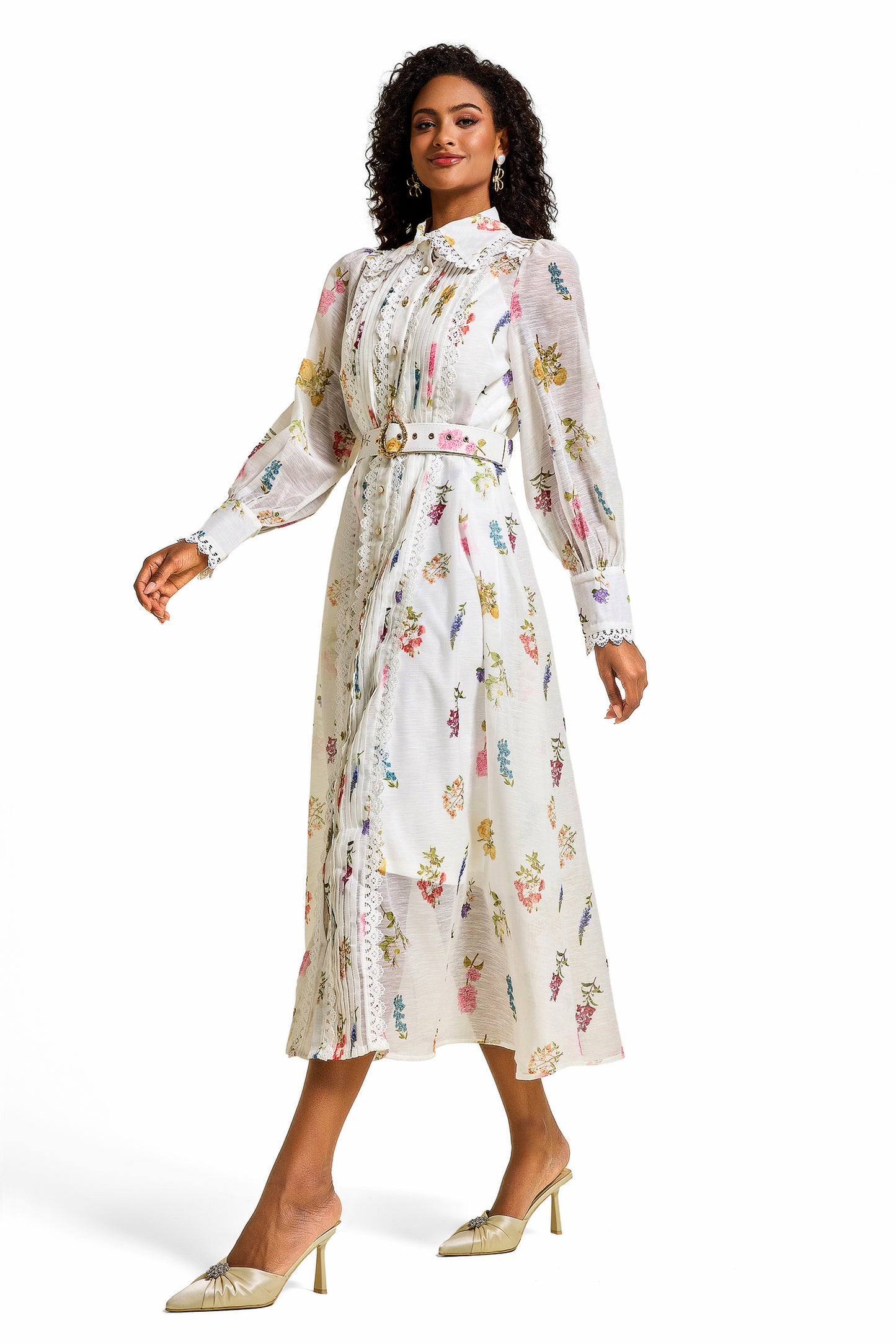 Floral Lace Lantern Sleeve Midi Dress