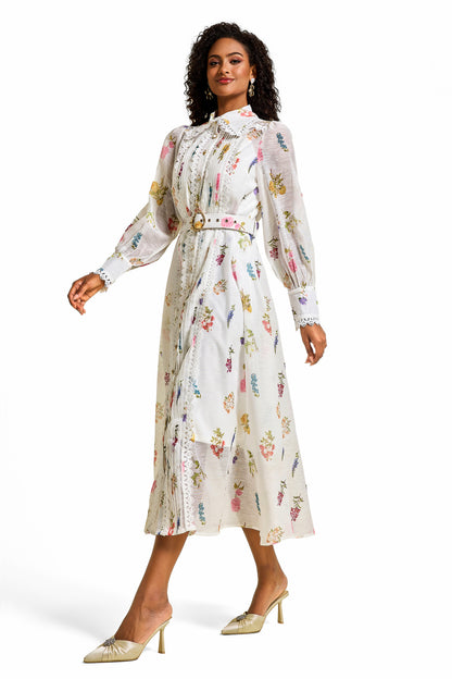 Floral Lace Lantern Sleeve Midi Dress