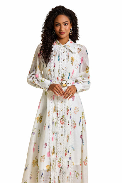 Floral Lace Lantern Sleeve Midi Dress